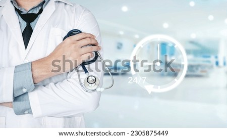 Doctor and 24-7 service icon for assistance patient when accident or emergency, Medical call center service without interruption