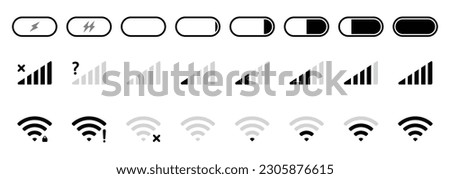 Battery signal and Wi-Fi icon symbol black and white icons pack. Mobile phone signal, wi-fi, battery icon. Status bar symbol modern, simple, vector, icon for website design, mobile app, ui. Vector