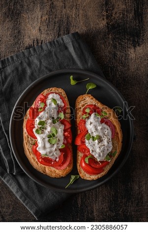 two bruschetta with tomatoes on a wooden background. High quality photo