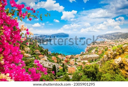 beautiful lanscape of riviera coast and turquiose water of cote dAzur at summer day, France Royalty-Free Stock Photo #2305901295