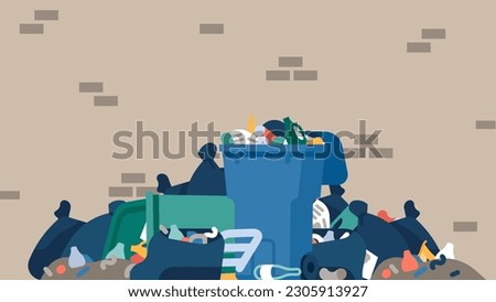 Trash cans. Garbage heap on street. Bin overloaded with rubbish. Scattered litter piles. Urban dump. Full stinking dumpster and bags. Road landfill with unsorted refuse Royalty-Free Stock Photo #2305913927