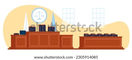 Courtroom with space for judge and jurors. Attorney workplace. Clerk and witnesses tables. Courthouse room empty interior. Wooden tribunes and armchairs. Court furniture Royalty-Free Stock Photo #2305914085