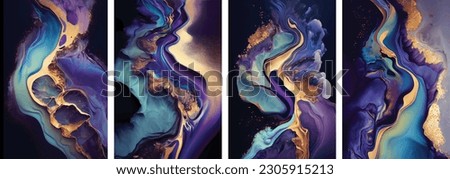 Luxury abstract fluid art painting in alcohol ink technique, mixture of blue and purple paints. Imitation of marble stone cut, glowing golden veins Royalty-Free Stock Photo #2305915213