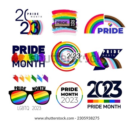 Set of Pride LGBTQ+ icon. LGBT related symbols in rainbow colored Pride Flag, Peace, Rainbow, Heart, Love, Sunglasses, Freedom Symbols. Gay Pride Month. Flat design signs. Vector illustration. Royalty-Free Stock Photo #2305938275