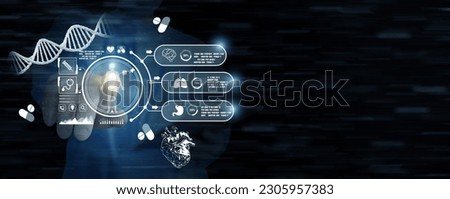 A doctor, surgeon, touches medical and healthcare icons on a virtual screen on dark background featuring medical technology. health care backgrounds