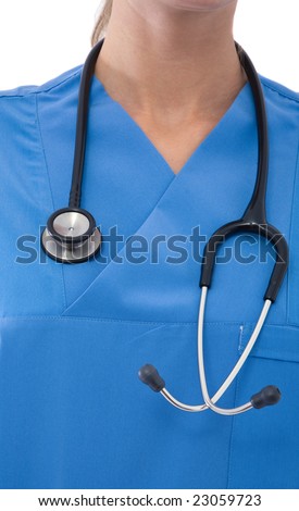Beautiful and young doctor with stethoscope on white background