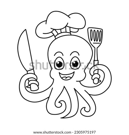 Funny octopus chef cartoon characters vector illustration. For kids coloring book.