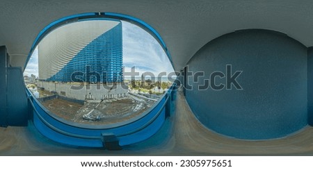 Full spherical seamless hdr panorama 360 degrees balcony view near sea under blue sky. Beautiful views of the sea. The view from the terrace