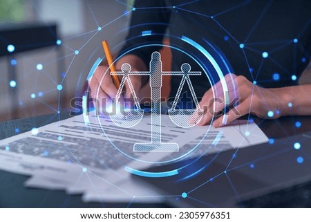 Businesswoman in formal wear taking notes signing contract at office workplace. Concept of important working moments, document sign, working process, concentration. Hands shot. Legal agreement Royalty-Free Stock Photo #2305976351