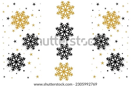 Gold snowflakes falling. Golden snowflakes border with different ornaments. Luxury Christmas garland. Winter ornament for packaging, cards, invitations. Vector illustration.