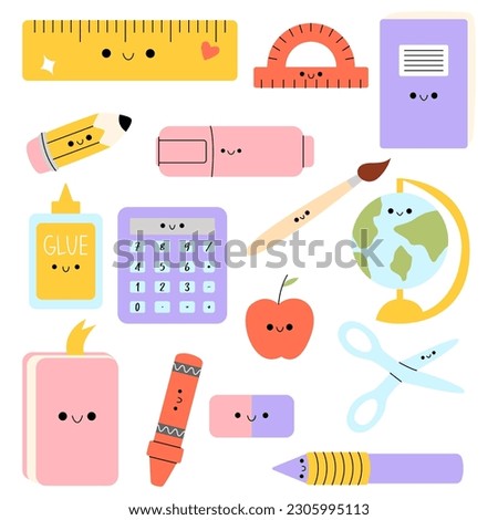 School supplies. Back to school. Big set of hand draw school items. Books, pencils, pens, notebooks, erasers, paper, glue, globe, ruler with happy face. Study.