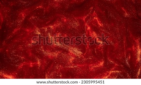 Magic galaxy of golden dust particles in red fluid. Gold particles sparkling stains in overflows on red. Liquid shiny background. Royalty-Free Stock Photo #2305995451
