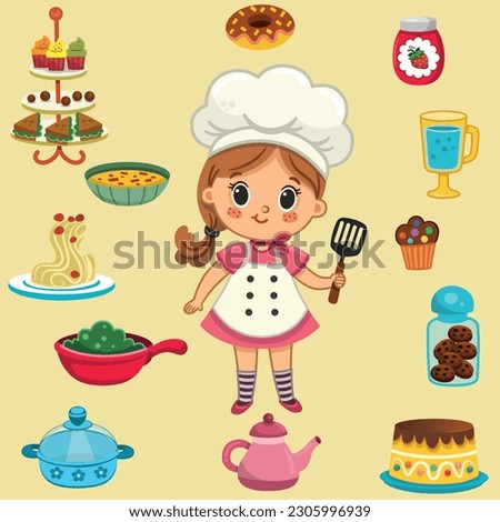 Little Girl Chef Collection. Vector Illustration Set.