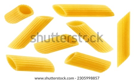 raw Penne Rigate, uncooked Italian Pasta, isolated on white background, clipping path, full depth of field Royalty-Free Stock Photo #2305998857