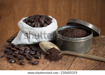 still life photography, coffee bean in pouch and coffee grind in container on old wood