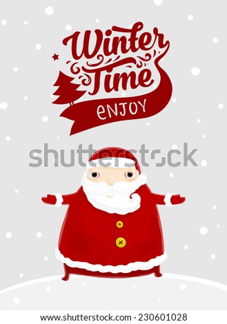 Santa Claus with Merry Christmas Label for Holiday Invitations and Greeting Cards. Xmas Poster, Banner, Placard or Card Template. Winter Illustration with Snowflakes