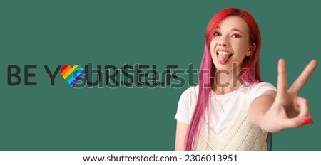 Cool young woman and text BE YOURSELF on green background. LGBT Pride Month