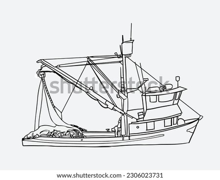 fishing boat ink sketch for poster, art print, graphic, and logo gram. vintage fishing boat for graphic design, postcard, book cover, and collection. vector. The vector sketch of the commercial fishin