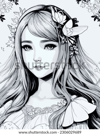 Beautiful girl simple black and white coloring book, clip art, Silhouette crisp line coloring page for adults, extremely happy with flying butterflies surrounding illustration.