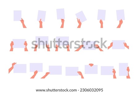 Set with hands holding blank paper sheet cartoon flat vector illustration