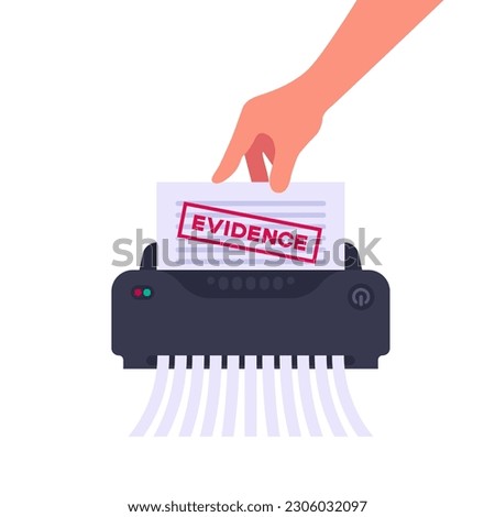 Hand hold paper sheet with evidence in shredder office device for destruction of documents flat style vector illustration Royalty-Free Stock Photo #2306032097