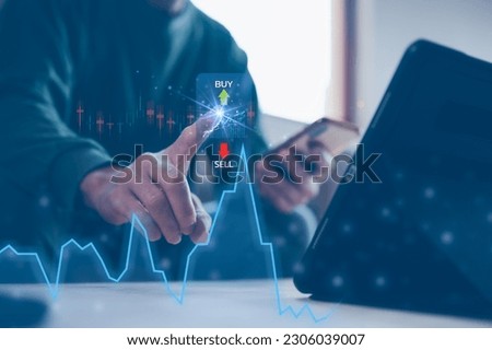 investment stock market data analysis concept, businessman using smartphone analyst  virtual trading graph, trading online, financial mobile application platform buy sale prices Royalty-Free Stock Photo #2306039007