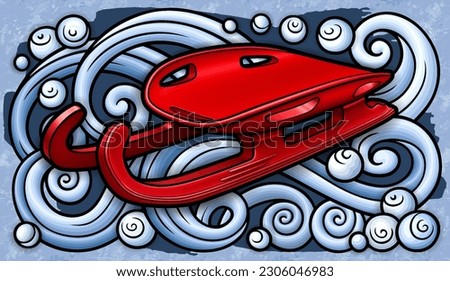 Cartoon cute doodle hand drawn sled illustration. Winter amusement vector background. Funny transport for snow ride