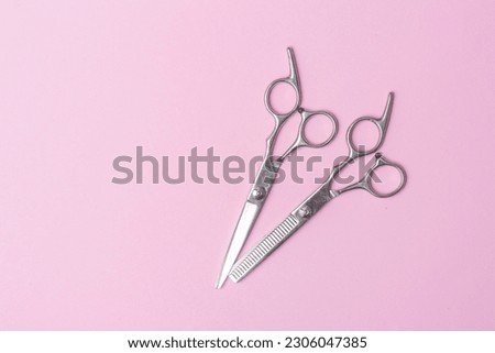 Scissors on pink background. Horizontal fashion poster, greeting cards, headers, website
