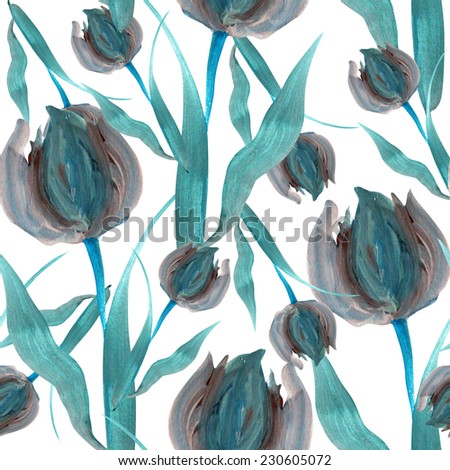 Elegant seamless pattern with oil painted decorative blue tulips, design elements. Floral pattern for wedding invitations, greeting cards, scrapbooking, print, gift wrap, manufacturing. Royalty-Free Stock Photo #230605072
