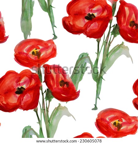 Elegant seamless pattern with watercolor painted decorative red poppy flowers, design elements. Floral pattern for wedding invitations, greeting cards, scrapbooking, print, gift wrap, manufacturing. Royalty-Free Stock Photo #230605078