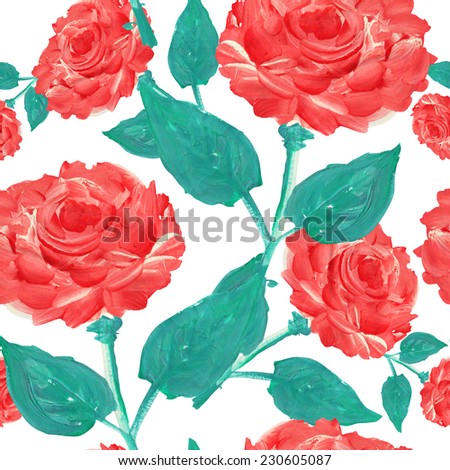 Elegant seamless pattern with oil painted decorative red roses, design elements. Floral pattern for wedding invitations, greeting cards, scrapbooking, print, gift wrap, manufacturing. Royalty-Free Stock Photo #230605087
