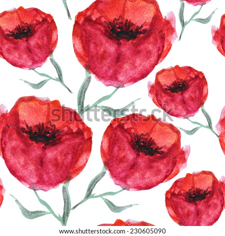 Elegant seamless pattern with watercolor painted decorative red flowers, design elements. Floral pattern for wedding invitations, greeting cards, scrapbooking, print, gift wrap, manufacturing. Royalty-Free Stock Photo #230605090