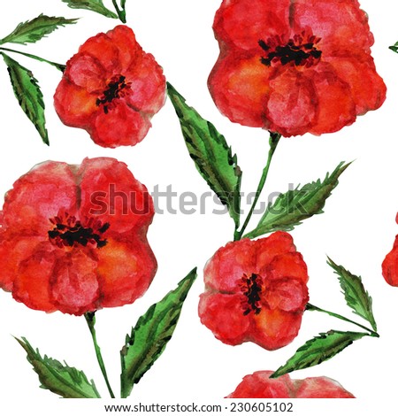 Elegant seamless pattern with watercolor painted decorative red flowers, design elements. Floral pattern for wedding invitations, greeting cards, scrapbooking, print, gift wrap, manufacturing. Royalty-Free Stock Photo #230605102