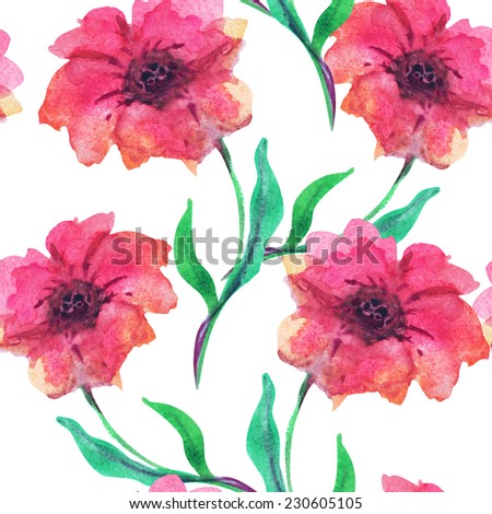 Elegant seamless pattern with watercolor painted decorative flowers, design elements. Floral pattern for wedding invitations, greeting cards, scrapbooking, print, gift wrap, manufacturing. Royalty-Free Stock Photo #230605105