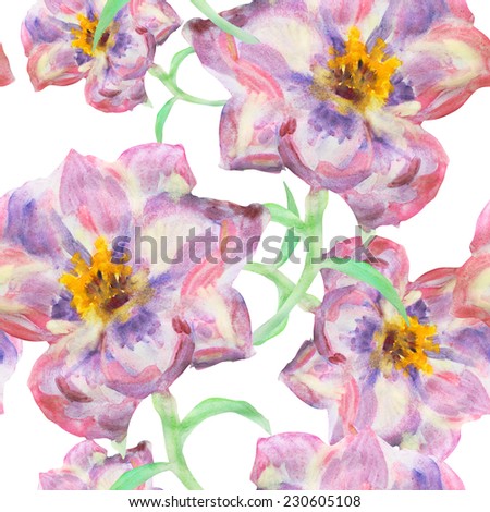 Elegant seamless pattern with watercolor painted decorative pink violet flowers, design elements. Floral pattern for wedding invitations, greeting cards, scrapbooking, print, gift wrap, manufacturing. Royalty-Free Stock Photo #230605108