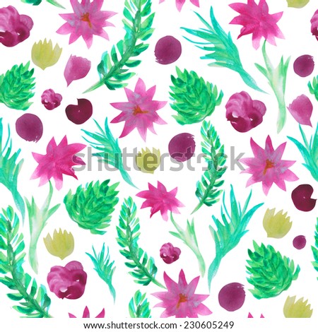 Elegant seamless pattern with watercolor painted decorative leaves and flowers, design elements. Floral pattern for wedding invitations, greeting cards, scrapbooking, print, gift wrap, manufacturing. Royalty-Free Stock Photo #230605249