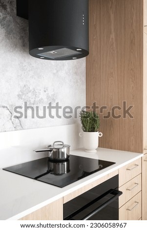 modern household appliances at kitchen, induction glass ceramic hob, electric oven and hood extractor