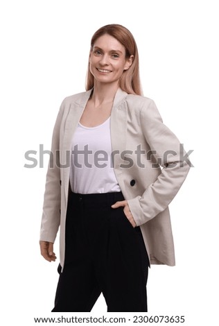 Portrait of beautiful happy businesswoman on white background