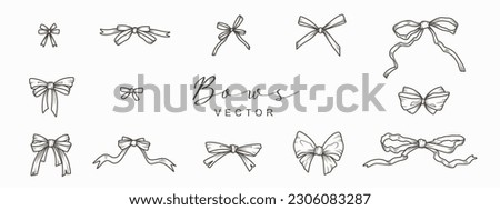 Set of hand drawn bows and ribbons in line style. Decorative holiday symbols for birthday, wedding celebration decoration isolated on white background. Vector illustration