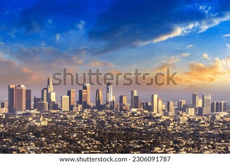 Panoramic aerial view of Los Angeles at sunset, California, USA