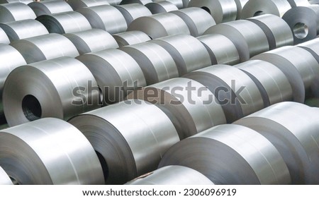 Cold rolled steel coil at storage area in steel industry plant. Royalty-Free Stock Photo #2306096919