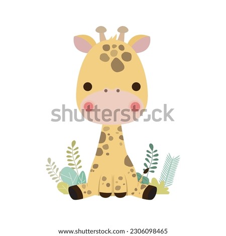 Cute little giraffe in the forest, funny cartoon character flat style element icon isolated on white background vector illustration