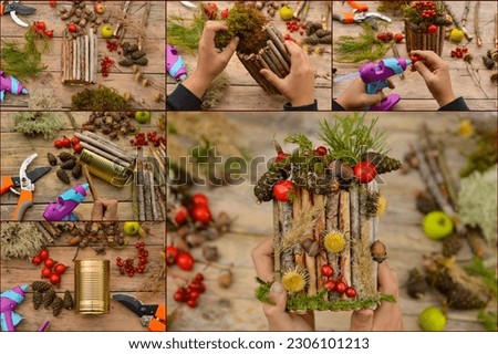 Collage autumn craft with kids. How to make autumn floral decorations. made of natural materials and old tin can, zero waste Royalty-Free Stock Photo #2306101213