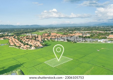 Land plot in aerial view. Identify registration symbol of vacant area for map. Real estate or property for business of home, house or residential i.e. development, sale, rent, buy or purchase. Royalty-Free Stock Photo #2306105753