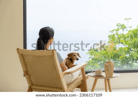 Woman sit on chair with her dog and look outside the window Royalty-Free Stock Photo #2306117109