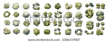 Various green trees, bushes and shrubs, top view for landscape design plan. Vector watercolor illustration, isolated on white background. Royalty-Free Stock Photo #2306119007