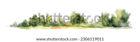 Watercolor trees and bushes isolated on white background. Horizontal bar element, divider, separator, footer for your design. Vector illustration.