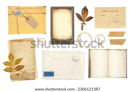 Collection of vintage element for scrapbooking. Set of retro envelope, postcard, open book with empty pages, coffee stain, dry leaf. Isolated on white background. Mock up template. Copy space for text