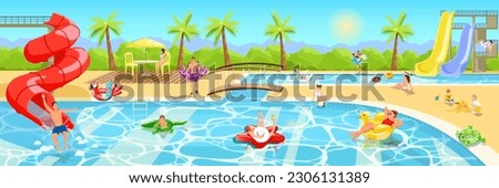 Happy people enjoy aquapark. Summer time vacation in swimming pool, water park landscape. Family activity. People slides pipes, kids playing and swim on inflatable circle animal. Vector illustration Royalty-Free Stock Photo #2306131389