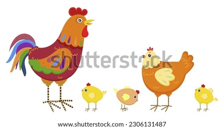 Set of chicken family isolated on white background. Colorful cock with hen and little yellow chickens. Cute domestic kind birds in cartoon style. hen, yellow chicken, cockerel. Vector illustration